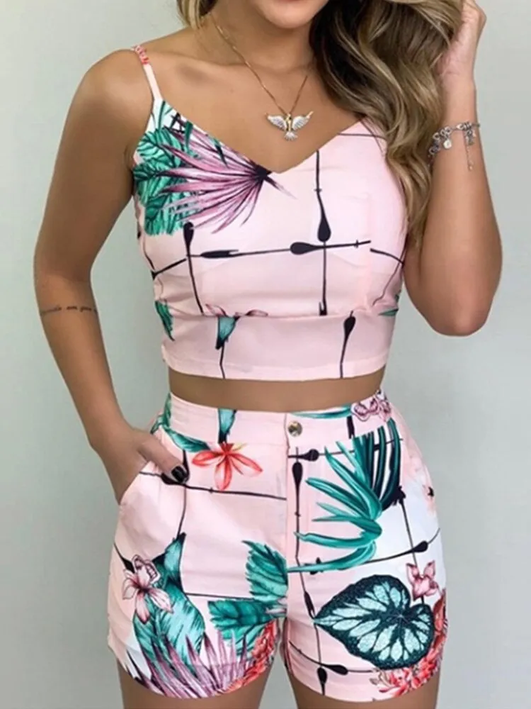 2 Piece Set Spaghetti Strap Crop Top & Short