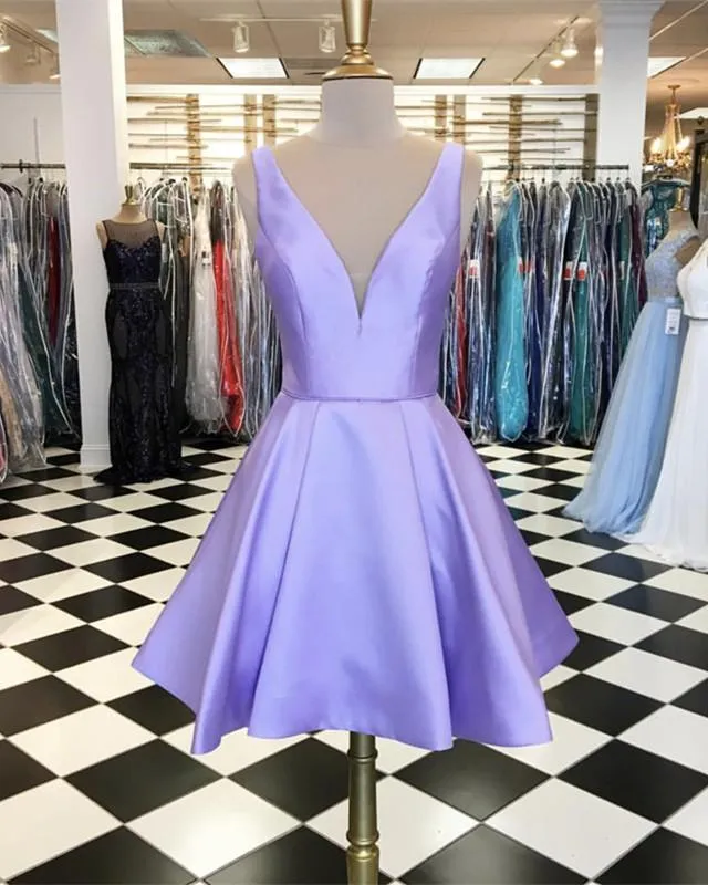 A-line V-neck Satin Homecoming Dresses Short Prom Gowns 2022