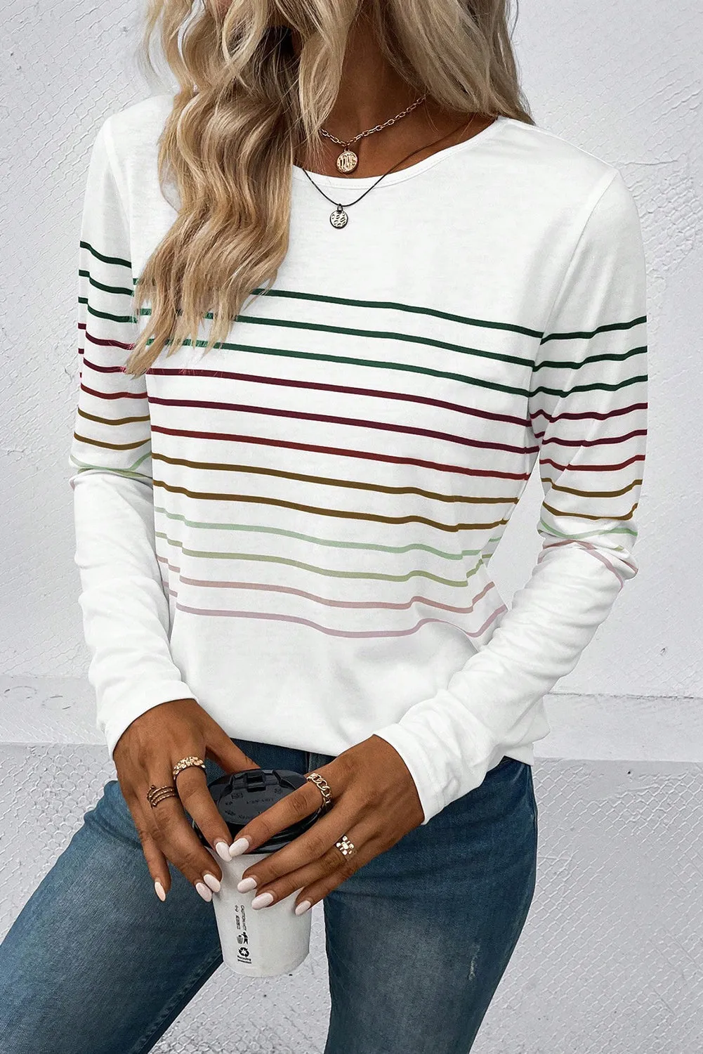 Black Multicolor Striped Crew Neck Long Sleeve Top