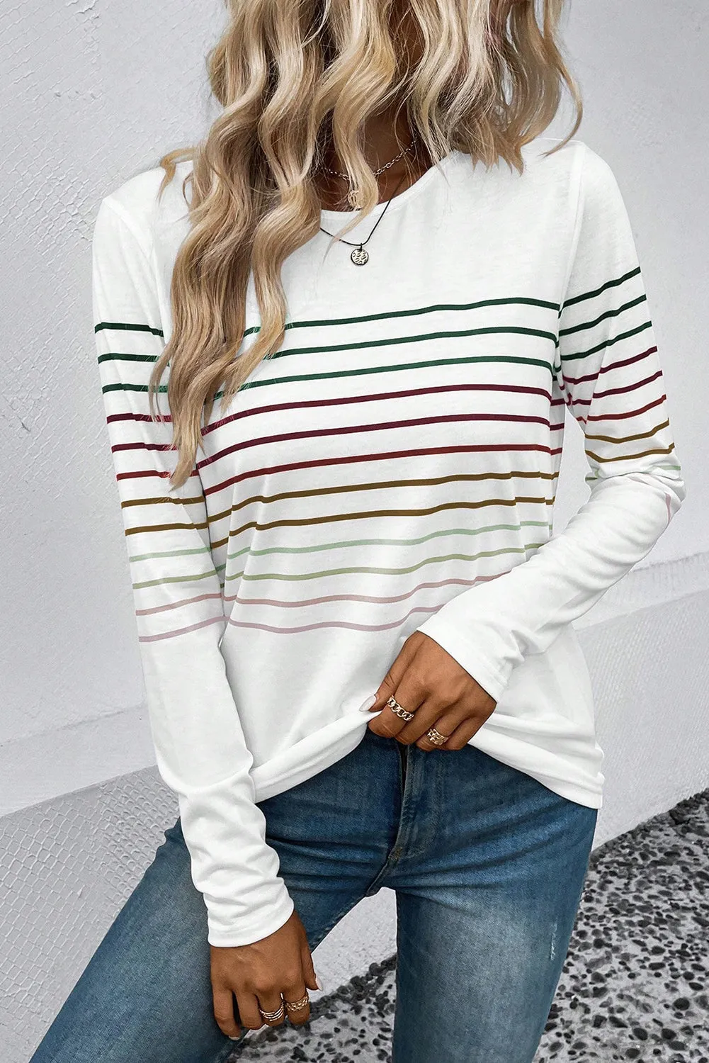 Black Multicolor Striped Crew Neck Long Sleeve Top