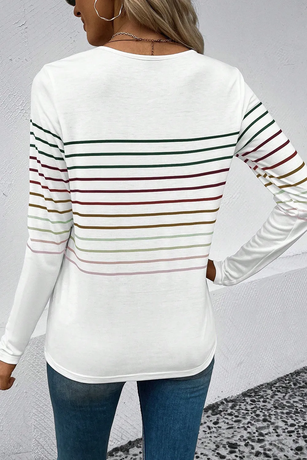 Black Multicolor Striped Crew Neck Long Sleeve Top