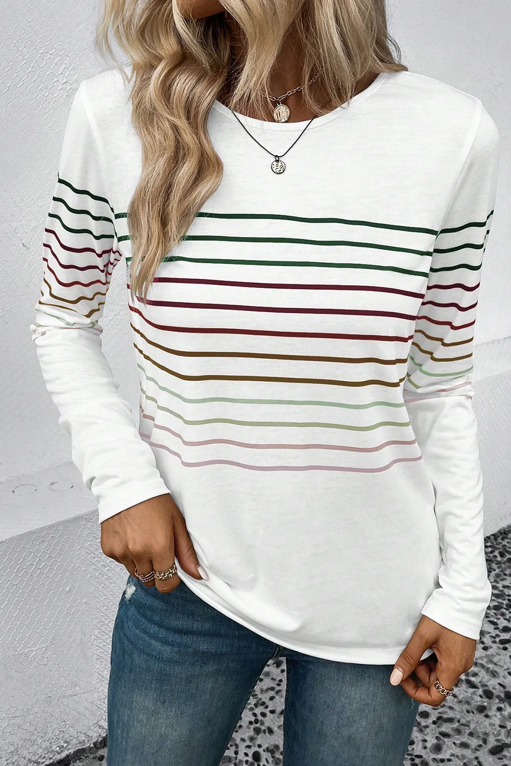 Black Multicolor Striped Crew Neck Long Sleeve Top