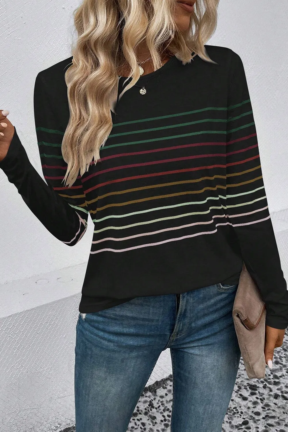 Black Multicolor Striped Crew Neck Long Sleeve Top