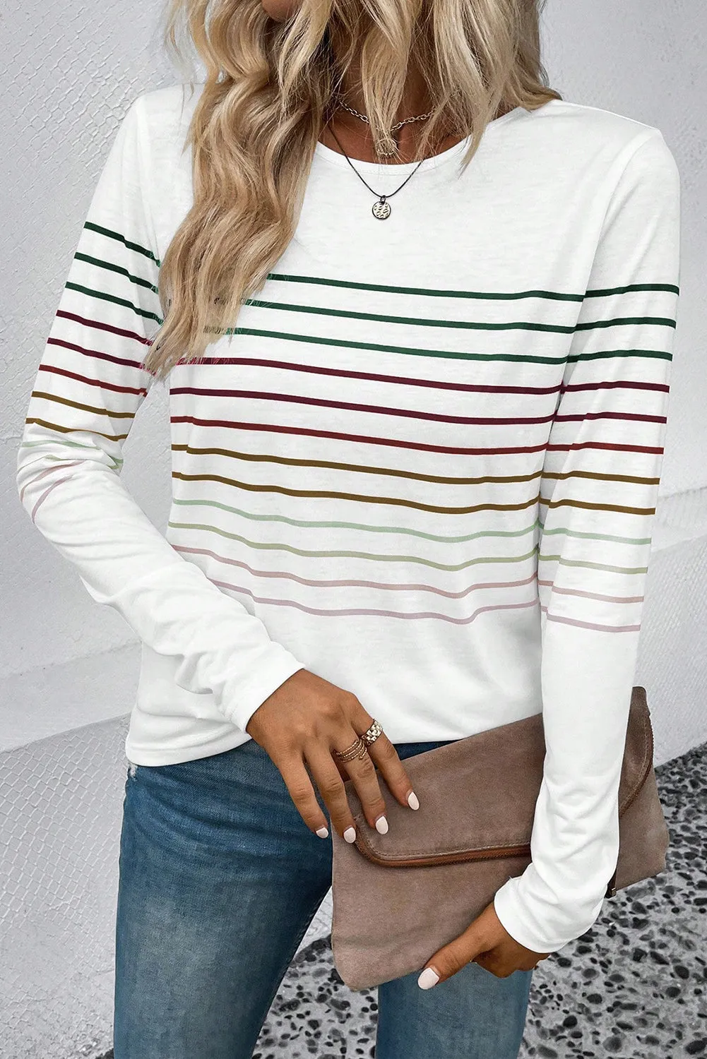 Black Multicolor Striped Crew Neck Long Sleeve Top