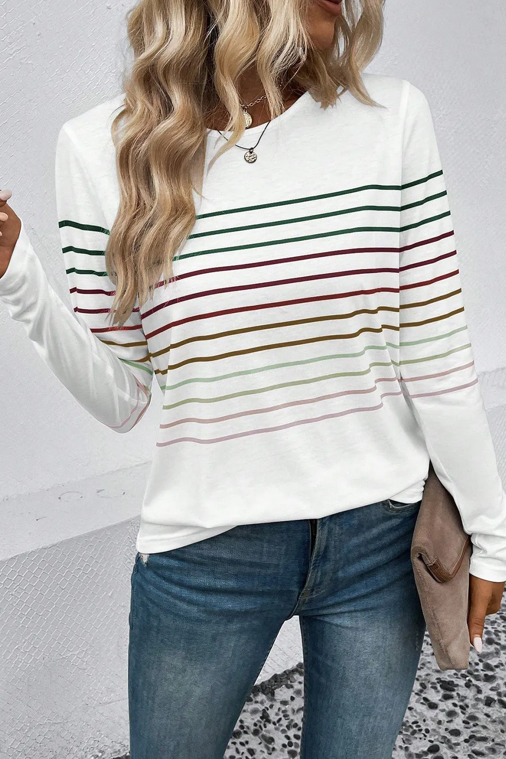 Black Multicolor Striped Crew Neck Long Sleeve Top