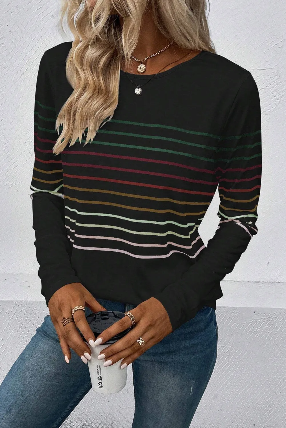 Black Multicolor Striped Crew Neck Long Sleeve Top