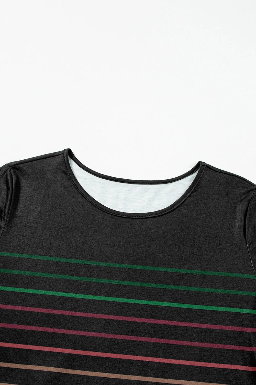 Black Multicolor Striped Crew Neck Long Sleeve Top