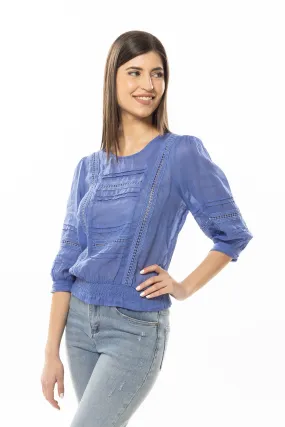 Blessed Periwinkle Linen Lace Top with Mid Sleeves