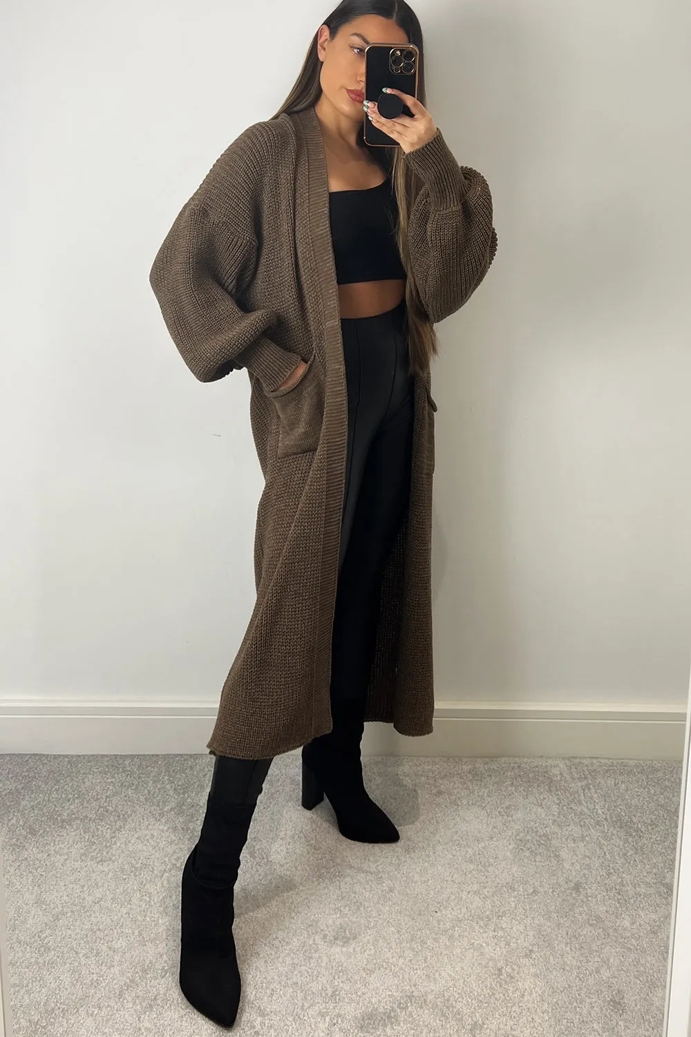 Bonnie Brown Longline Open Front Knitted Cardigan