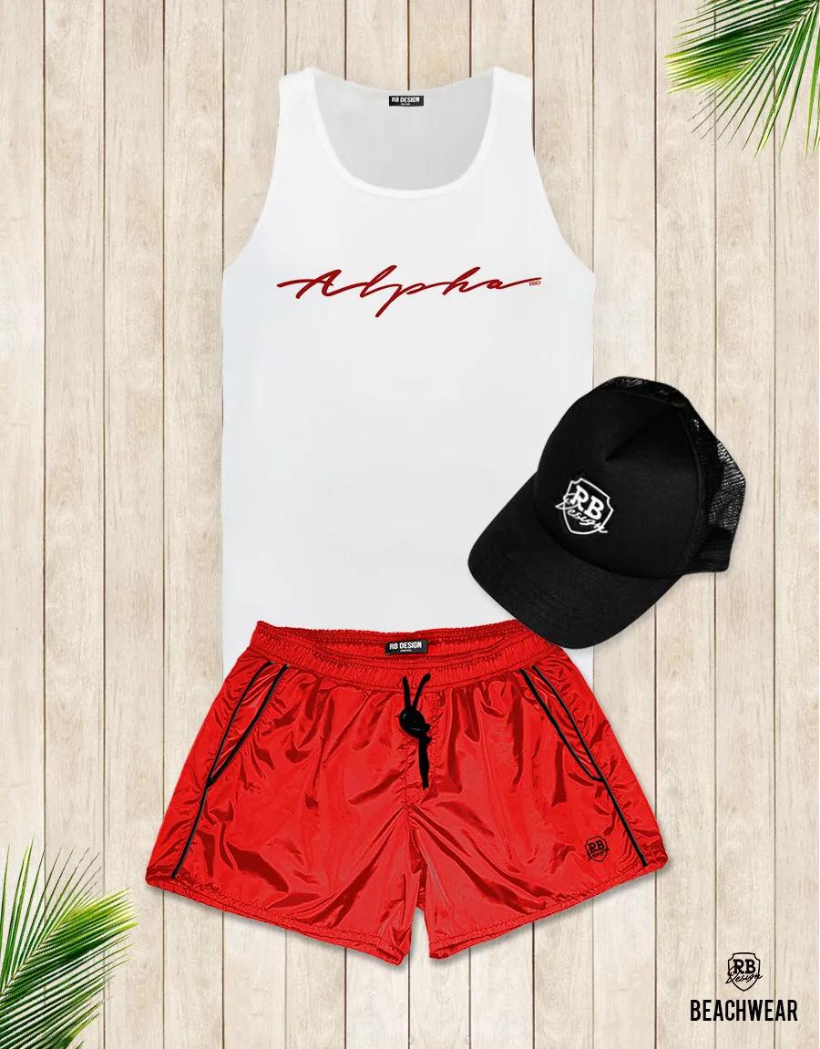 Bundle 3 - Red Beach Shorts   Black Hat White Logo   Tank Top MD885