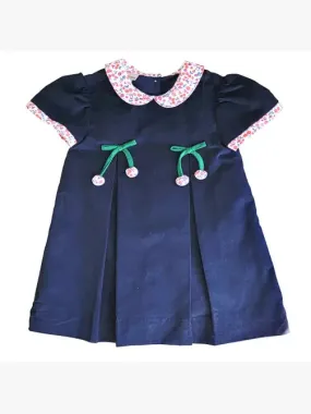 Cherries Navy Blue Corduroy Girl's pleated dress