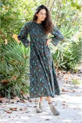 Chocolate Brown and Teal Smocked Long Sleeve Maxi Dress