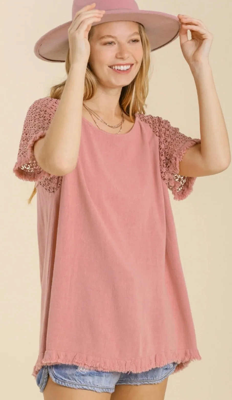 Clara Crochet Sleeve Top Rose Pink