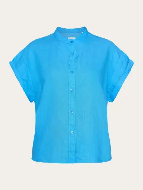 Collar stand short sleeve linen shirt - Malibu Blue