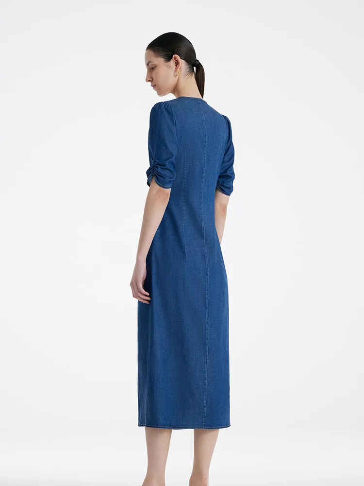 Denim V-Neck Twist Waist Women Midi Dress