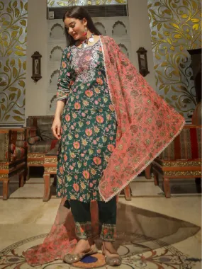 Divena Green Floral Printed Kurta Pant Set with Dupatta