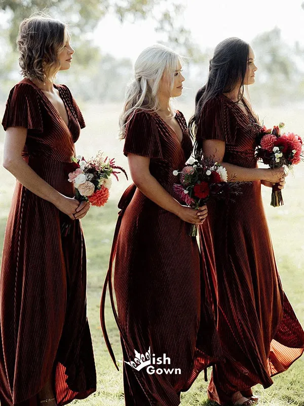 Elegant Ruby V-neck Velet Empire Short Sleeve Bridesmaid Dresses, WGM005