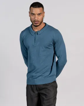 ESSENTIAL LONG SLEEVE ZIPPED POLO TOP - MID BLUE