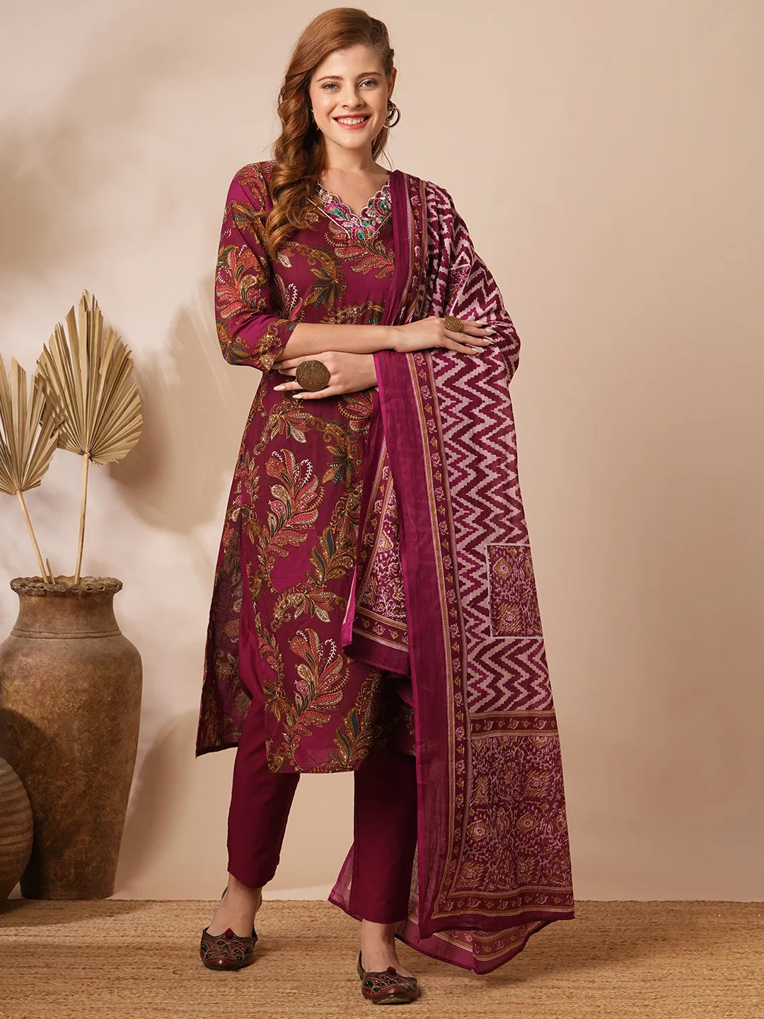 Ethnic Floral Printed & Embroidered Straight Fit Kurta with Pant & Dupatta - Burgundy