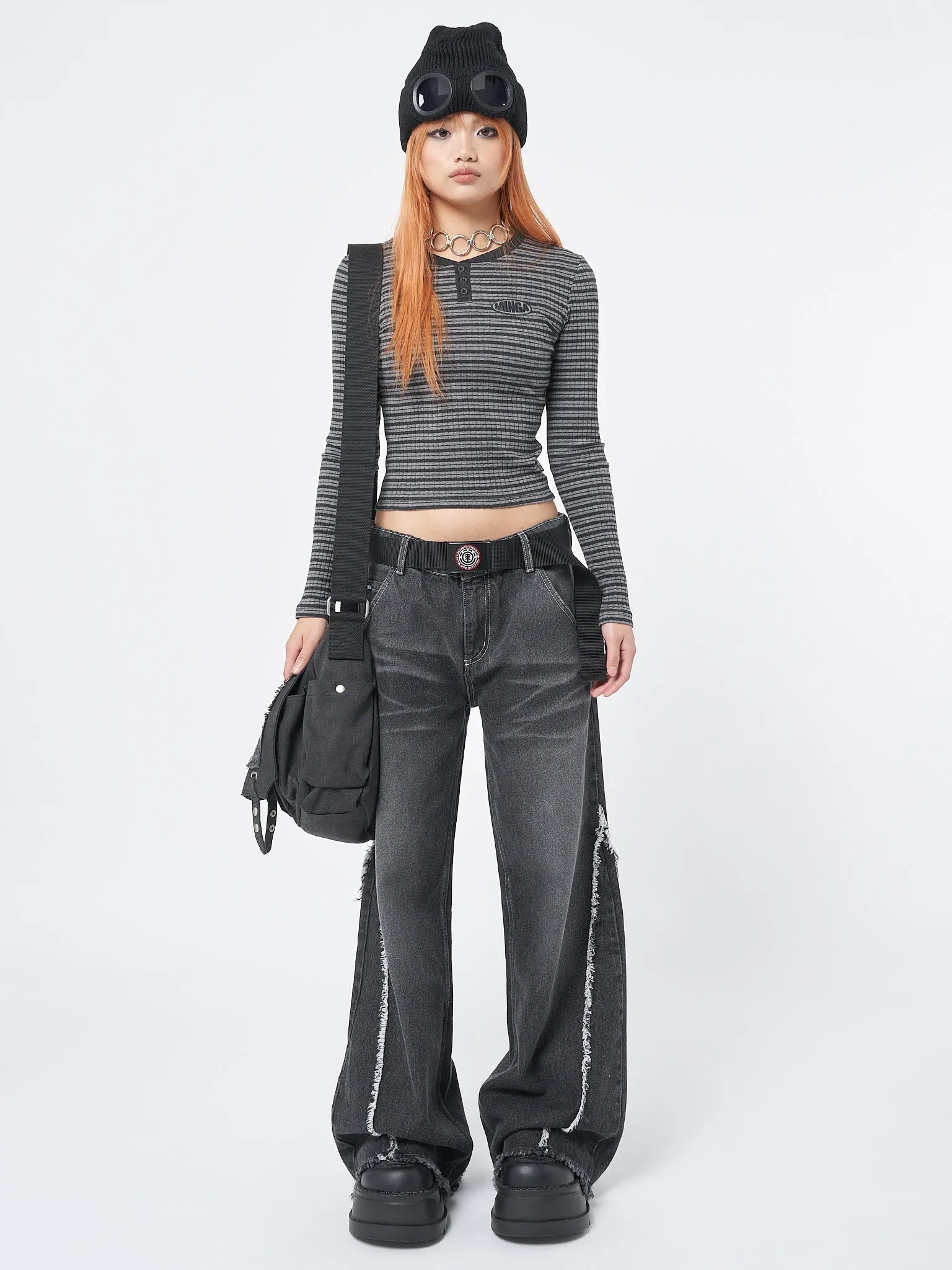 Graphite Half Button Striped Rib Top