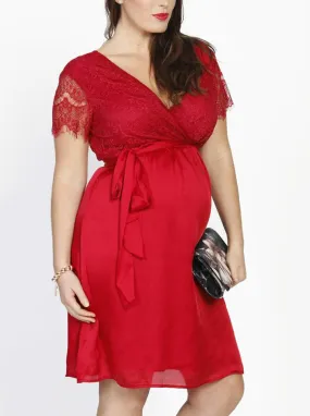 Isobel Maternity Mid Length Lace Party Dress - Red