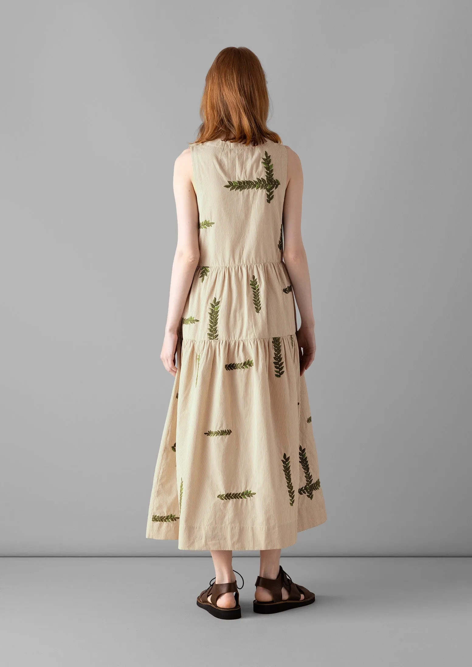 Leaf Embroidered Stripe Poplin Dress | Garden Leaf