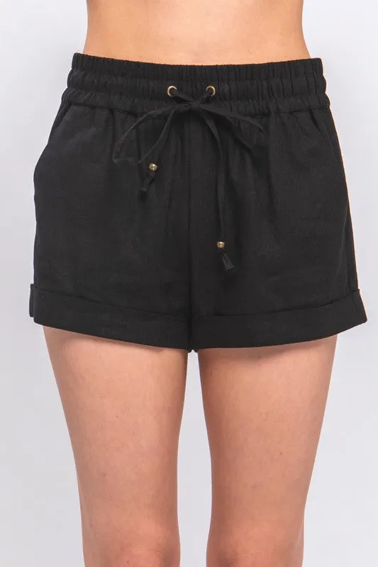 Linen Mid Rise Smocked Drawstring Shorts