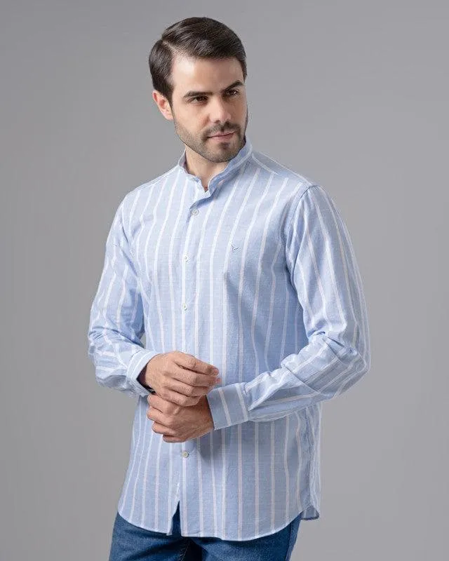 LONG SLEEVE STRIPED SHIRT WITH MANDARIN COLLAR - SKY BLUE