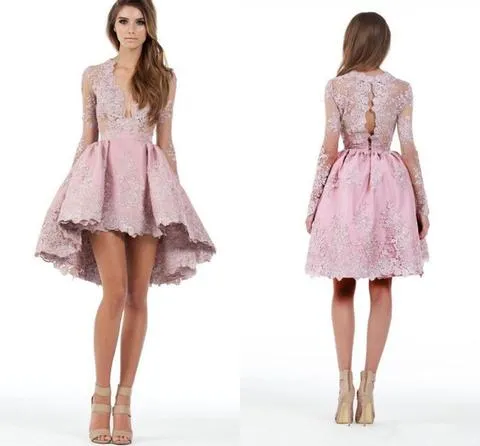 Long Sleeves Homecoming dress Pink Lace Cheap Homecoming Dress ER012