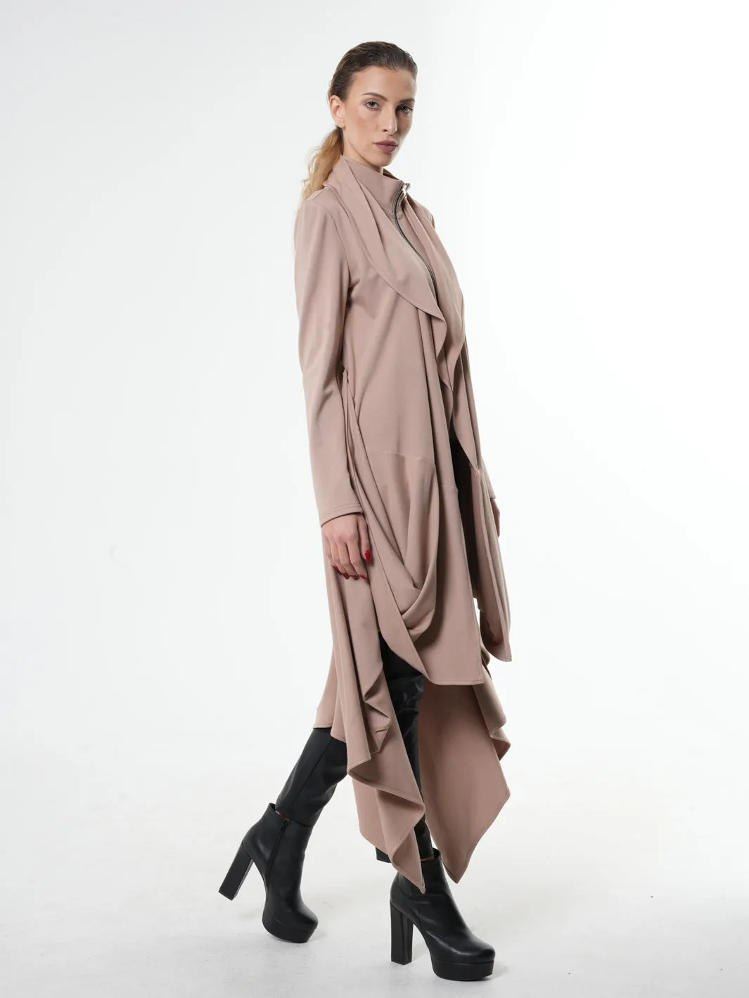 Long Zipper Cardigan With Drapings