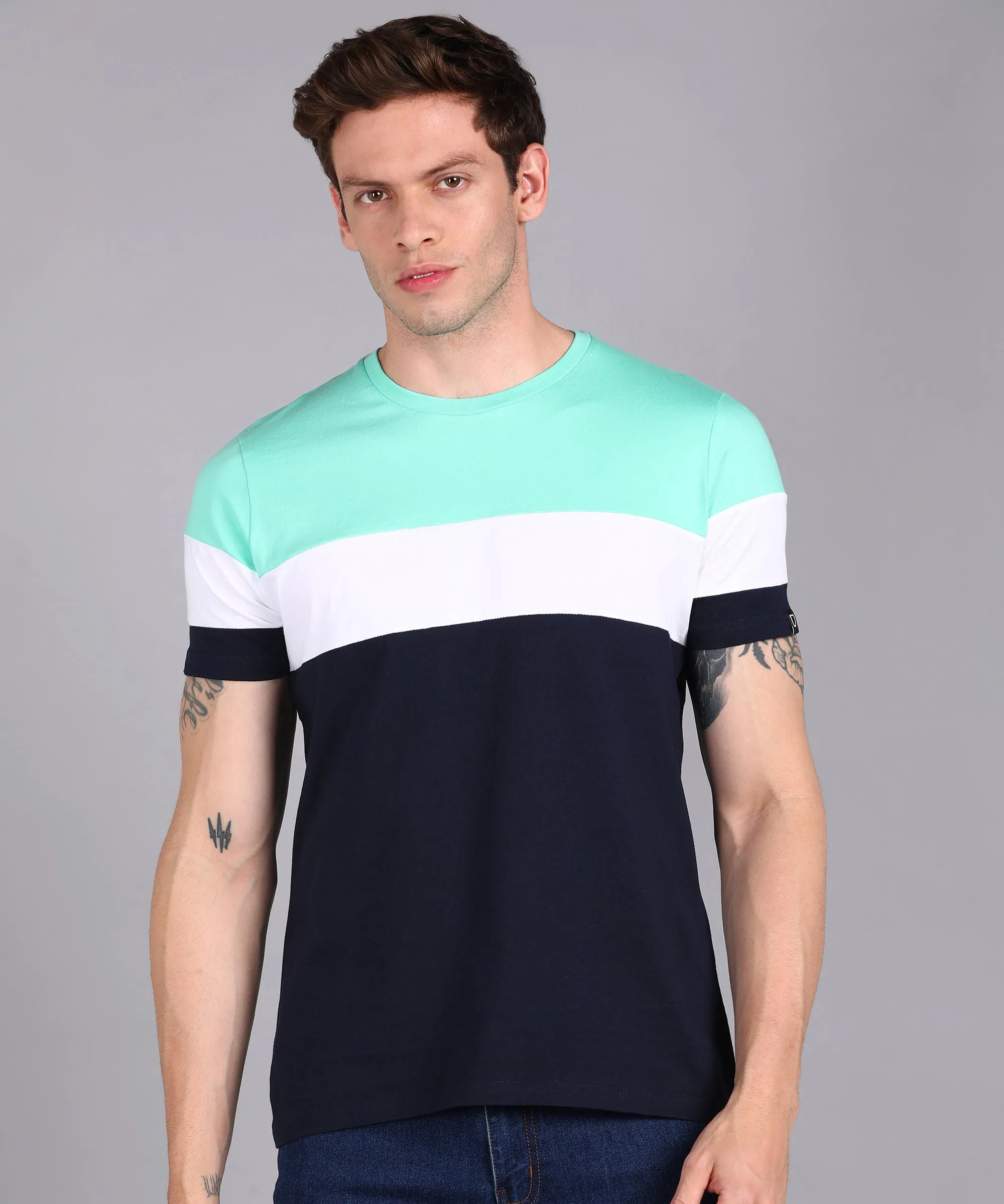 Men's Navy Blue, White, Mint Green Cotton Color-Block Slim Fit Half Sleeve T-Shirt