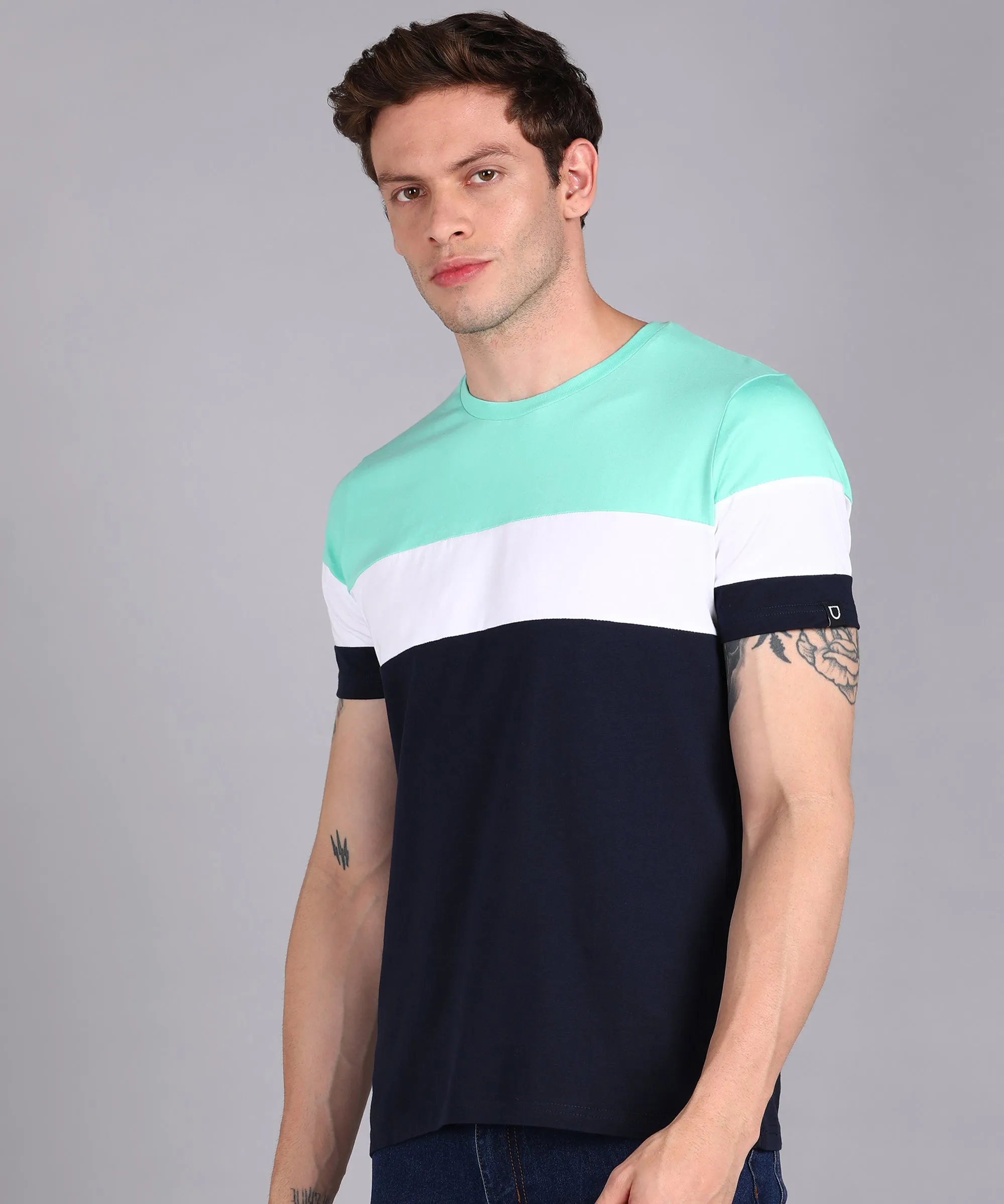 Men's Navy Blue, White, Mint Green Cotton Color-Block Slim Fit Half Sleeve T-Shirt