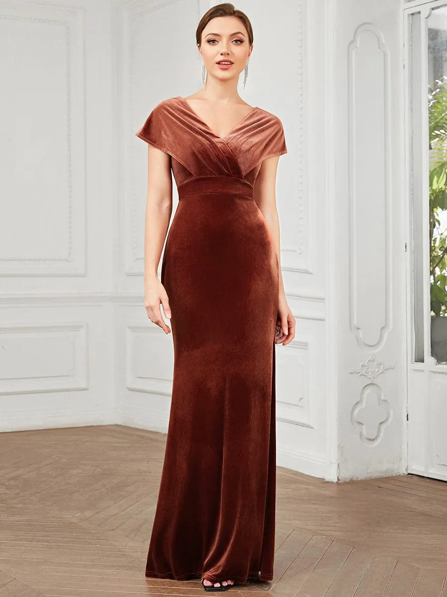 Velvet Pleated V-Neck Cap Sleeve Evening Dress