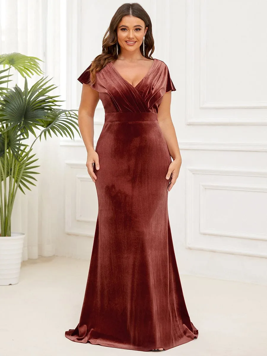 Velvet Pleated V-Neck Cap Sleeve Evening Dress